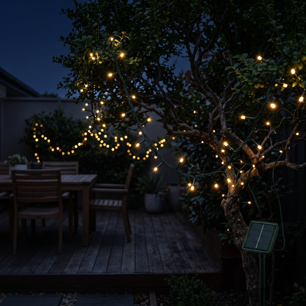 Solar fairy lights glowing around a garden tree at night